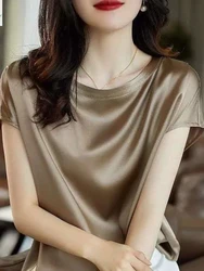 Summer Women High Quality Short Sleeve Silk Satin Blouse Elegant Office Lady Tops Shirts Casual Solid Color Work Female Tunic