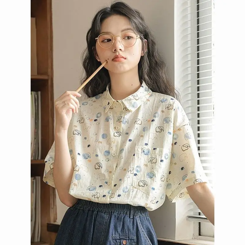 Japanese fresh and sweet floral short-sleeved shirt printing summer 2024 new loose shirt slimming top men clothing y2k tops