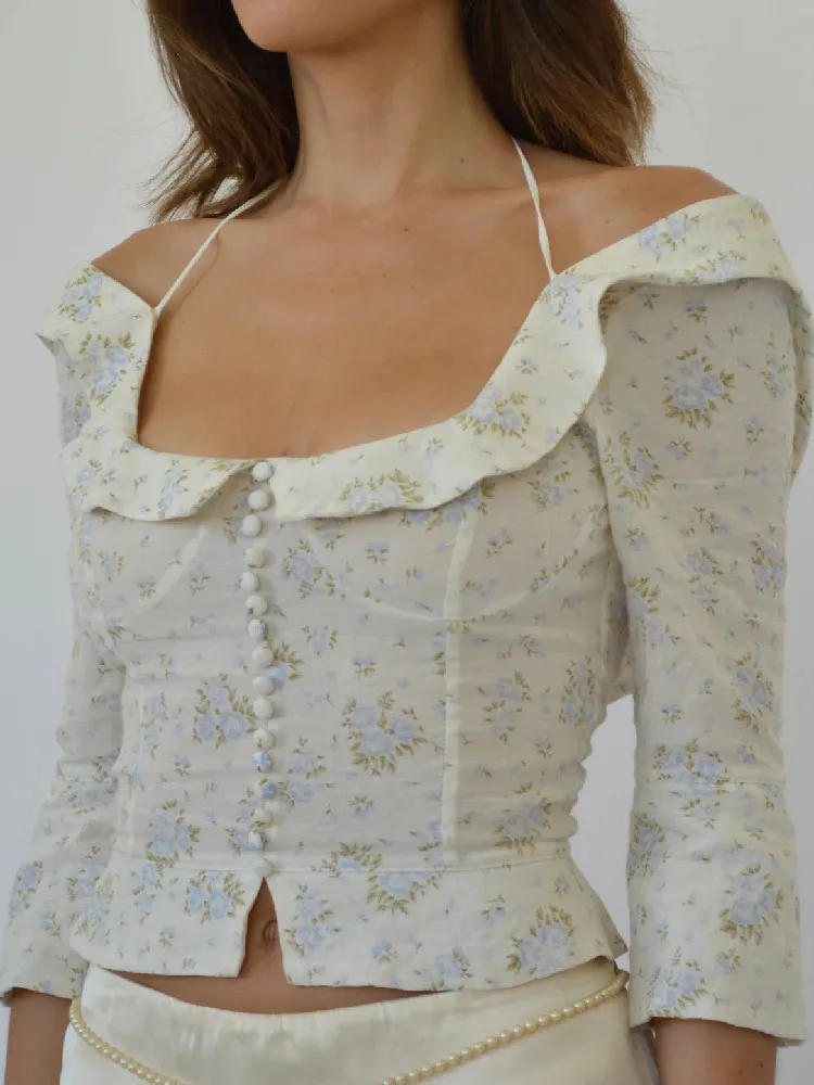 Sexy Corset Cross Lacing up Back Floral Print Crop Shirt Women Wood Ears Ruffle Square collar 3/4 Sleeve Sweet Girls Blouses