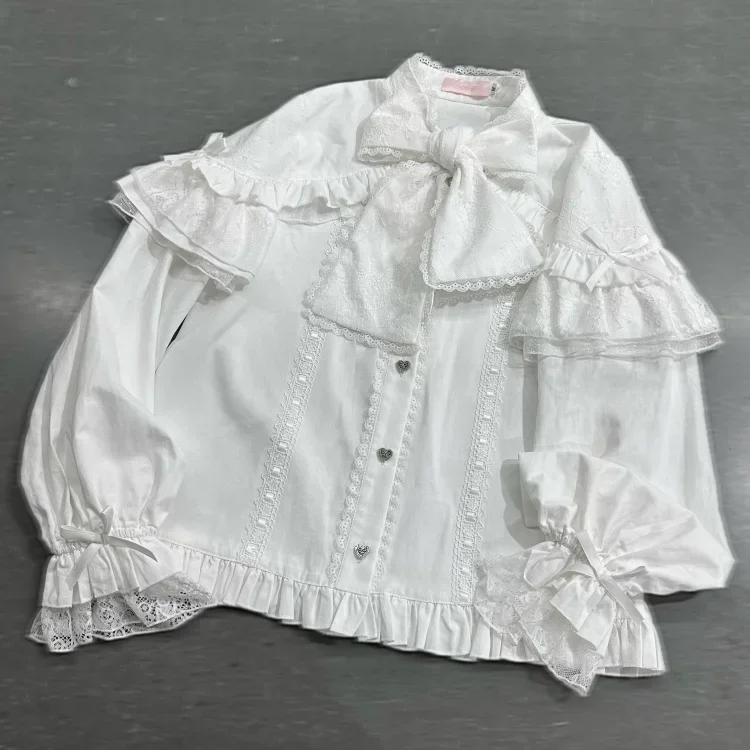 Japanese Style Sweet Lace Bow Shirt Long Sleeve Heart Button Blouse Lolita JK Girls Elegant Black White Harajuku Aesthetic