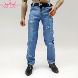 Light Blue 1/6 Scale Ripped Jeans Make Old Pants with Black Belt Clothes Model for 12