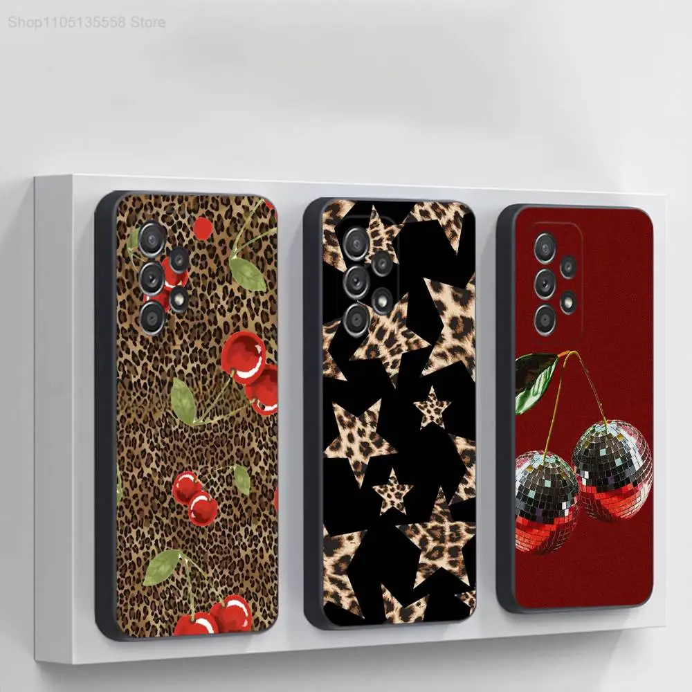 

Leopard Print Cherry Star Phone Case For Samsung S 25,24,23,22,30,21,10,9,Ultra,Plus,Lite,FE,4,5G Black Soft Case