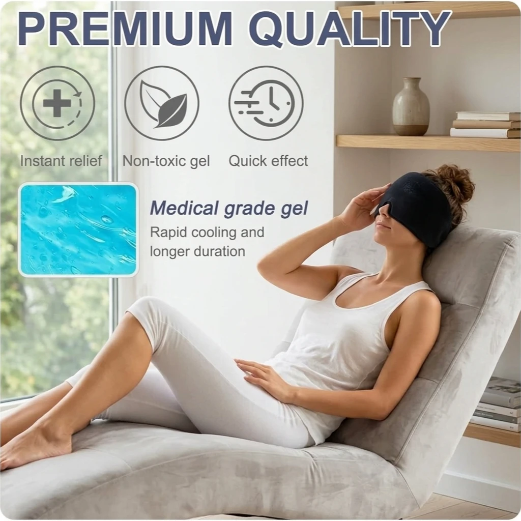 Single‑Sided Gel Ice Headache Relief Hat, Cold Compression Eye Mask, Reusable Portable Cooling Cap for Migraine Pain Home Use