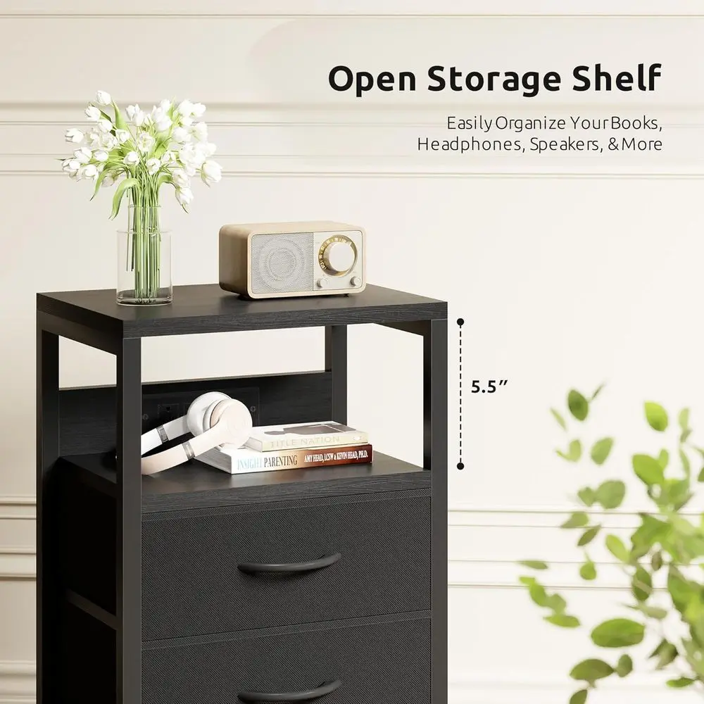 Bedroom Charging Nightstand with Open Shelf & Fabric Drawers, USB-C Port, Black