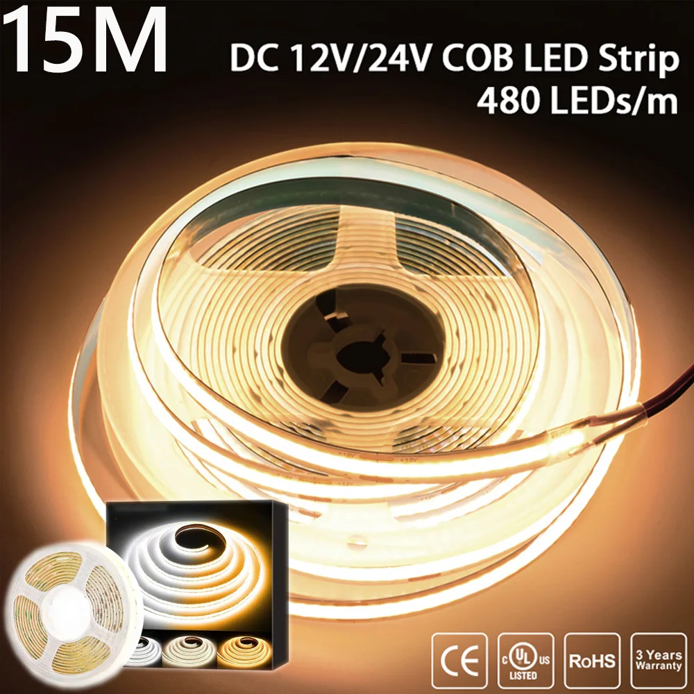 

COB LED Strip Light High Density 320 480 LEDs 12V/24V Flexible LED Strip Warm Nature Cool White RA90 Linear Dimmable