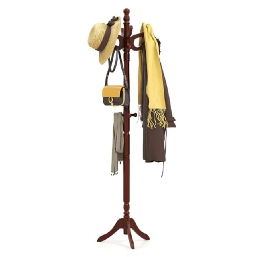 Freestanding coat rack for entryway, hallway, bedroom, office; solid rubber wood; reddish brown; 11 hooks, 3 height options, st