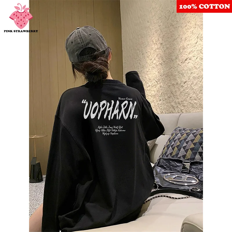 

Fashion Street Letter Print T-shirt Women Autumn 2025 New 100%Cotton Oversize Black Long sleeves T-shirt Y2k Top Ladies clothing