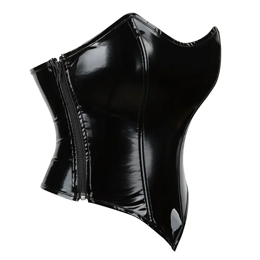 Corsetto corto in pelle PVC nero lucido Top corto Canotta Intimo femminile Bustier con cerniera laterale Corsetto push up Top a tubo