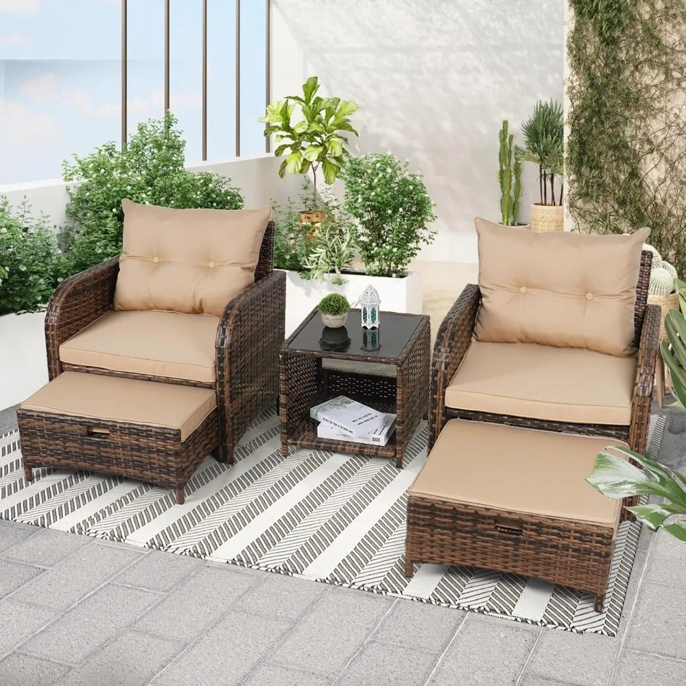 5 Pieces Outdoor Patio Chairs with Ottomans, PE Wicker Rattan Furniture w/Footstool Sets, Front Porch Furniture Set (Beige)