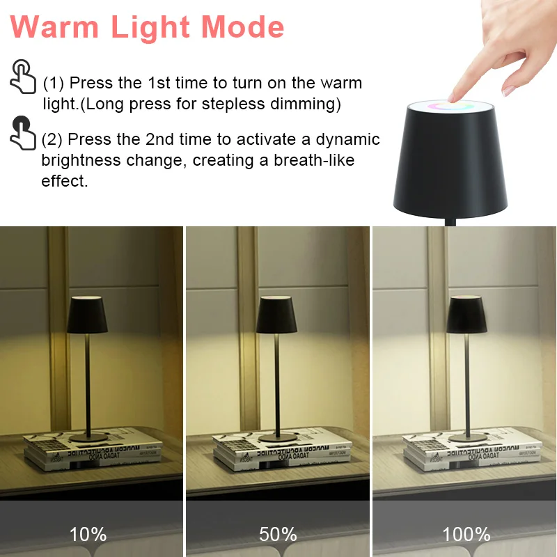 RGB Table Lamp with USB Type-C Charging Port RGB Adjustable Desk Lamp Rechargeable Cordless LED Night Light For Bedroom Outdoors