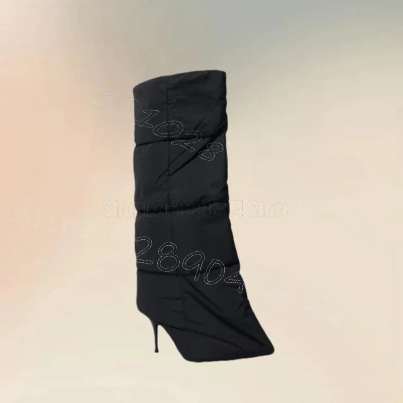 Black Down Feather Large Cuff Pointed Toe Boots Slip On Women Shoes Thin High Heels Novel Party Banquet 2026 Zapatos Para Mujere