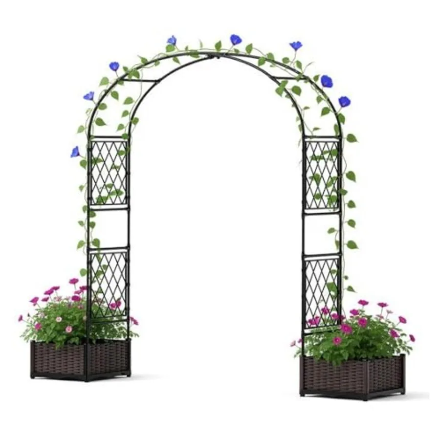 

90.5" Garden Arbor with 2 Planter Boxes PE-Coated Metal Arch Trellis for Climbing Plants, Rust-Resistant Wedding Archway and De