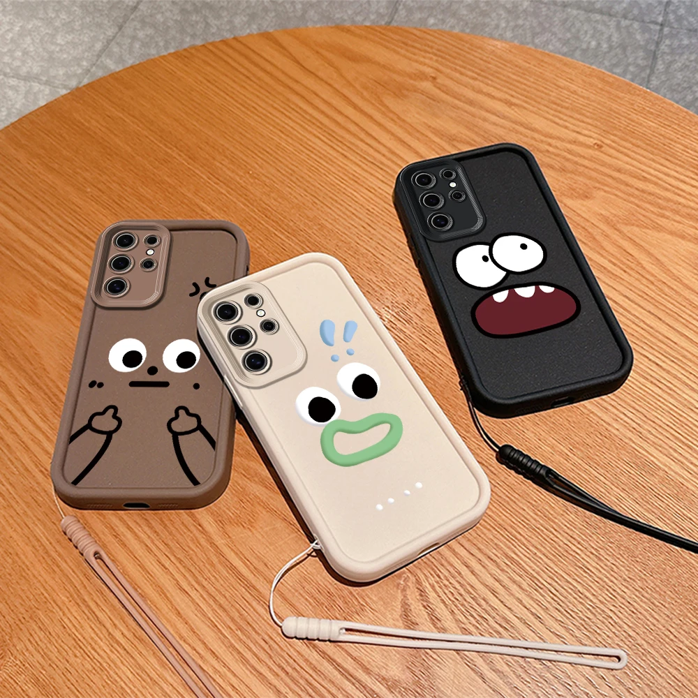 Cartoon Three Teeth Expression Phone Case for Samsung S24 S23 S22 S21S20 FE Plus Ultra 5G Soft Silicone Cover with Hand Strap