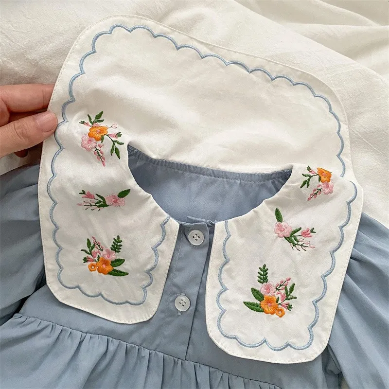 2024 Summer Autumn New Baby Embroidered Lapel Romper Girls Cotton Princess Dress Bodysuit Kids Blue Long Sleeve Jumpsuit Clothes