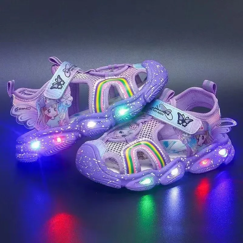 Summer Baby Girls LED Light Sandals Cartoon Frozen Elsa Print Children Closed Toe Orthopedic Kids Slipper Sport Soft Beach Shoes