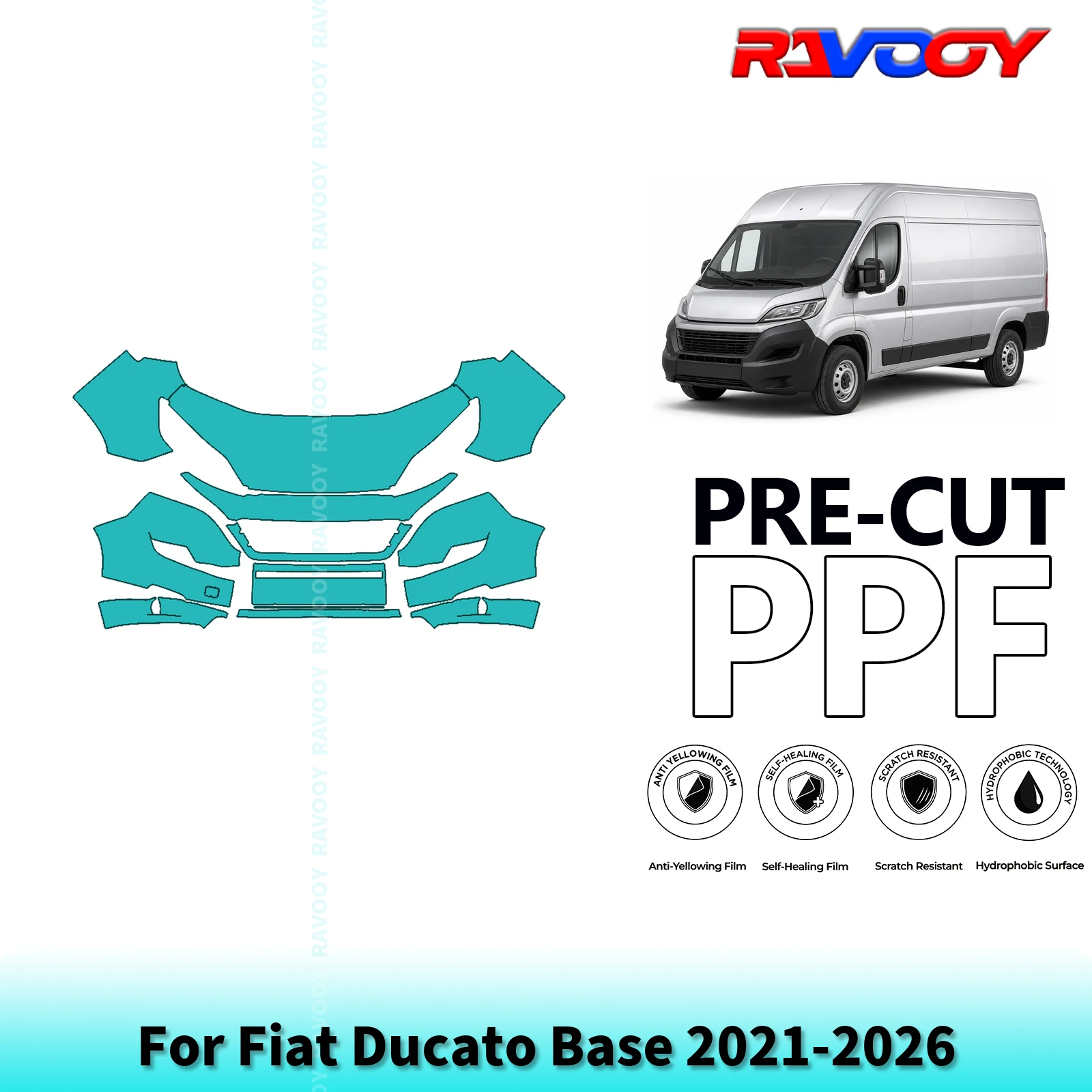 For Fiat Ducato Base 2021-2026 Full Front Pre-Cut Paint Protection Film PPF Clear Bra Kit | Clear / Matte / Black Finish Options