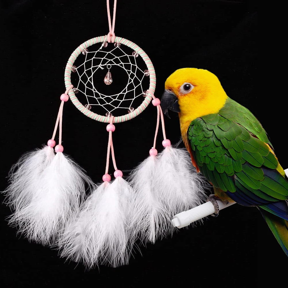 1 Pc Hand-woven Dream Catcher Bird Chew Toy Feather Artificial Crystal Hanging Swing Toy for Small Animal Bird Parrot Cage Decor