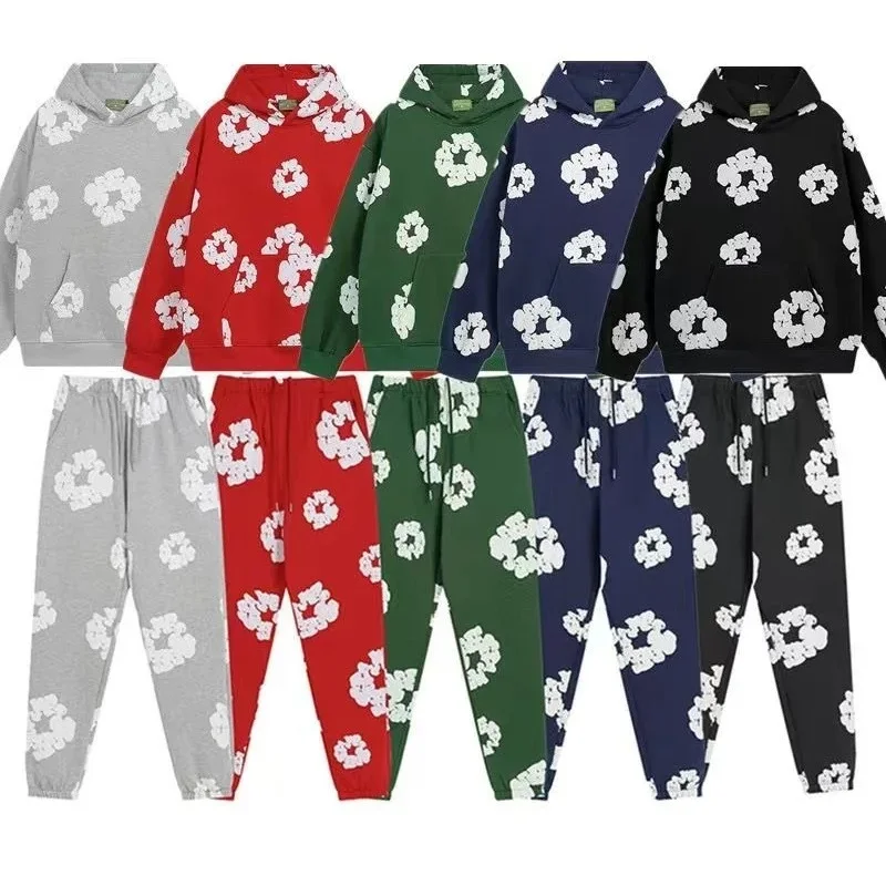 Fashion Top Quality Flower New Men's Women's Same Kapok Foam Printing High Street Fleece Hooded Sweater with Trousers Set