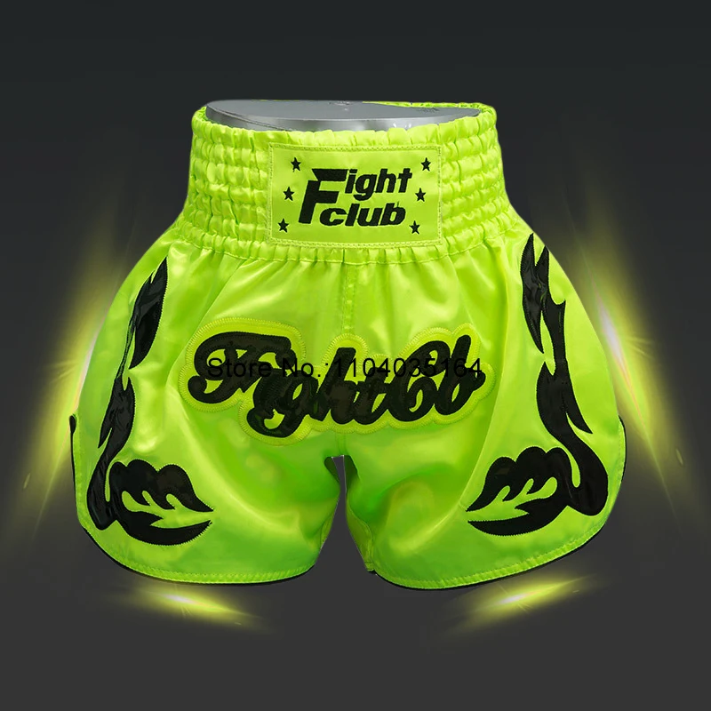 Muay Thai Shorts Fluorescent Green Thai Boxing Shorts Men Women Kids Satin MMA Clothes Fitness Sports Fight Kickboxing Shorts