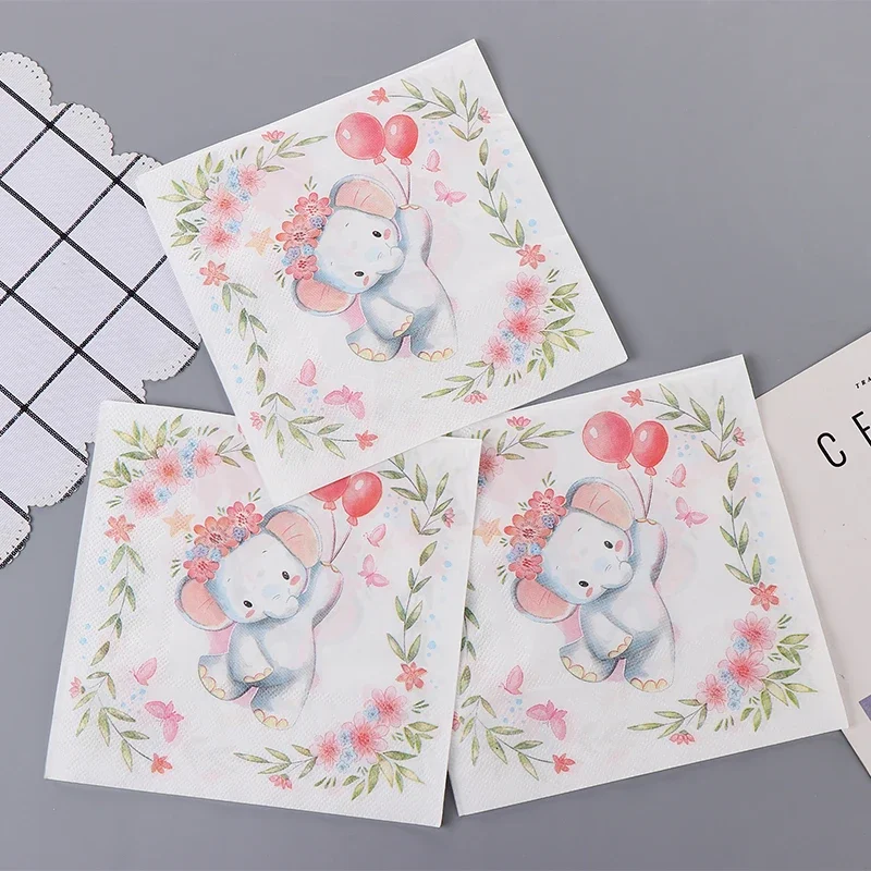 20pcs/pac 33cm Party Tissue Paper Color Napkins Printed Pure Wood Pulp Paper Cartoon Cute Little Elephant Food Grade Paper Towel