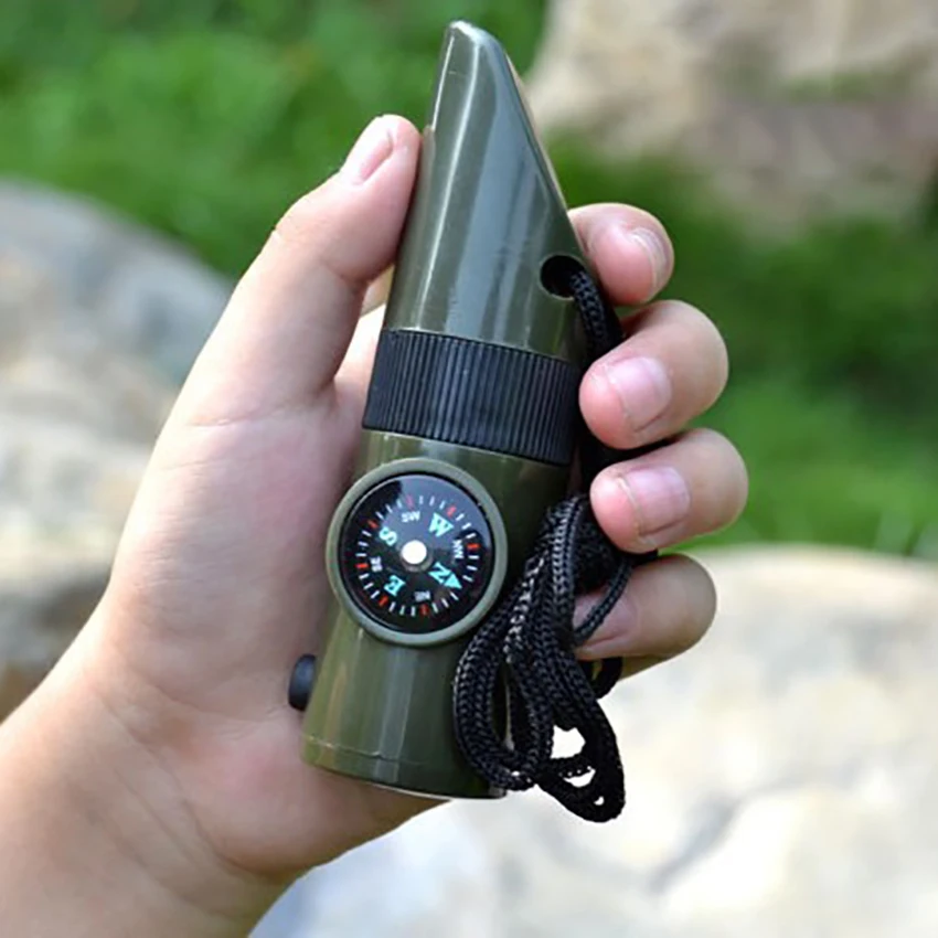7-in-1 Tool, Emergency Whistle,Survival LED Flashlight, Mirror with Storage, Compass, Thermometer, Magnifying Glass, Reflector