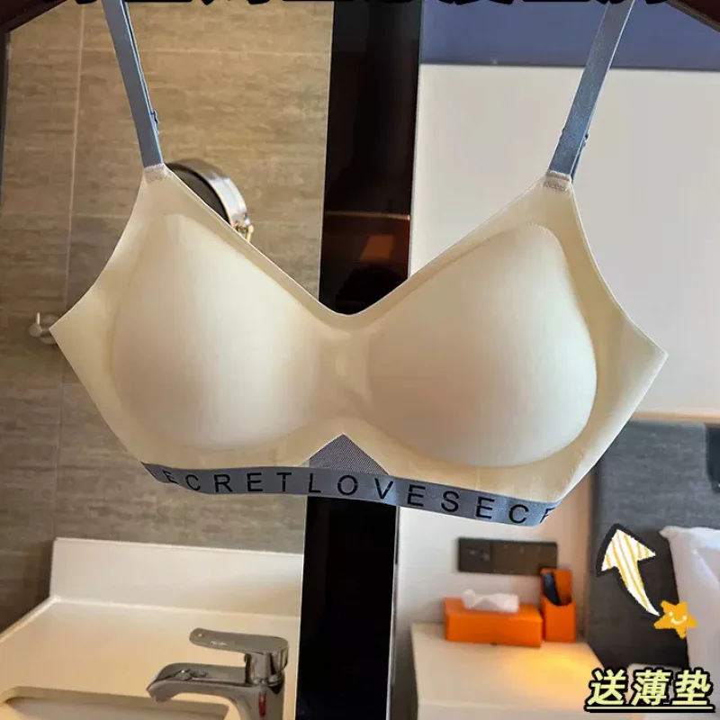 Roupa íntima externa em quadrinhos para mulheres com cintura grande, seios pequenos reunidos e respiráveis, sutiã fino de verão, letras de menina quente