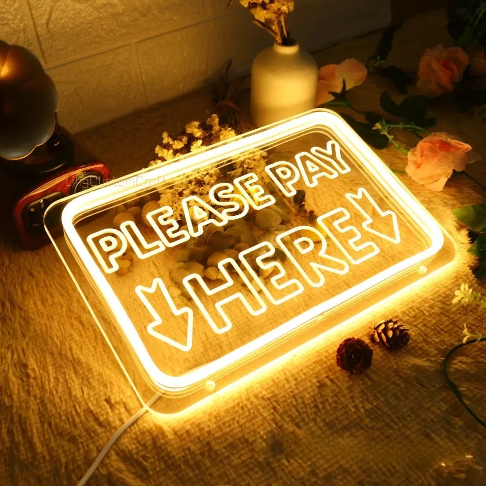 Imagem -02 - por Favor Pague Aqui Sinal de Neon Luzes Led Personalizadas para Decoração de Loja Inscrição de Néon Coffee Bar Lâmpadas Decoração da Parede