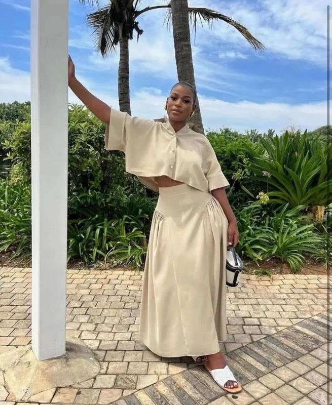 

SKMY New Loose Turn-Down Collar Single-Breasted Cardigan Short Sleeve Tops Solid Color Long Skirt Two Piece Sets Women Clothing