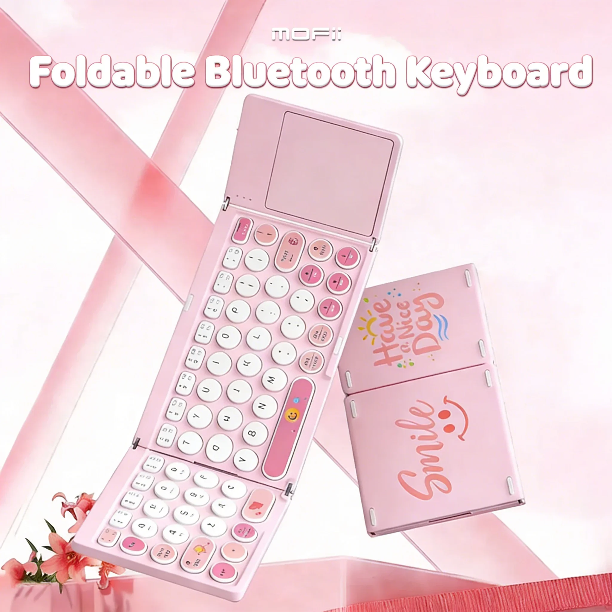 Cute Foldable Bluetooth Keyboard with Touchpad Rechargeable Silent Portable for Women Laptop Tablet Office