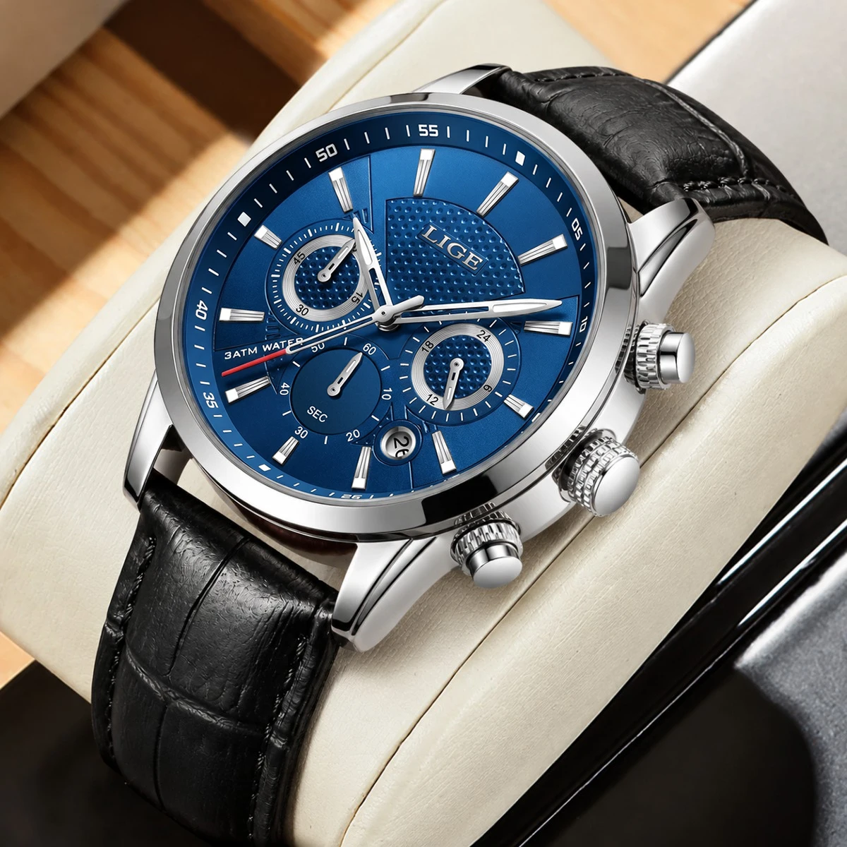 LIGE Fashion Men's Watches Top Brand Luxury Genuine Leather Quartz Watch for Man Waterproof Sports Date Chronograph Montre Homme