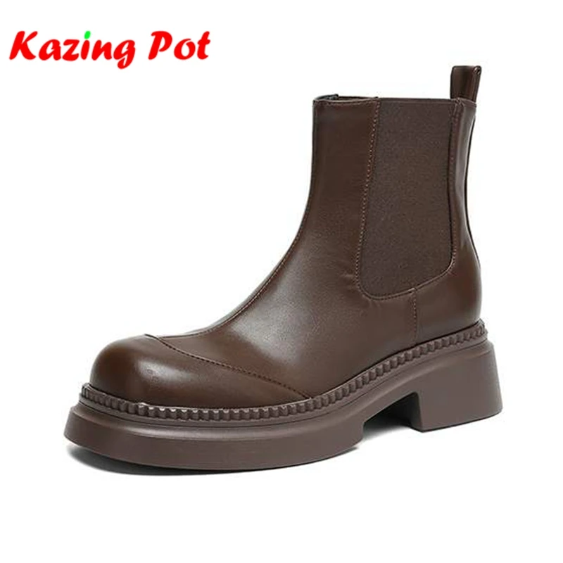 Krazing Pot Microfiber Round Toe Med Heels Slip On Motorcycle Boots Keep Warm Winter Shoes Preppy Style Thick Bottom Ankle Boots