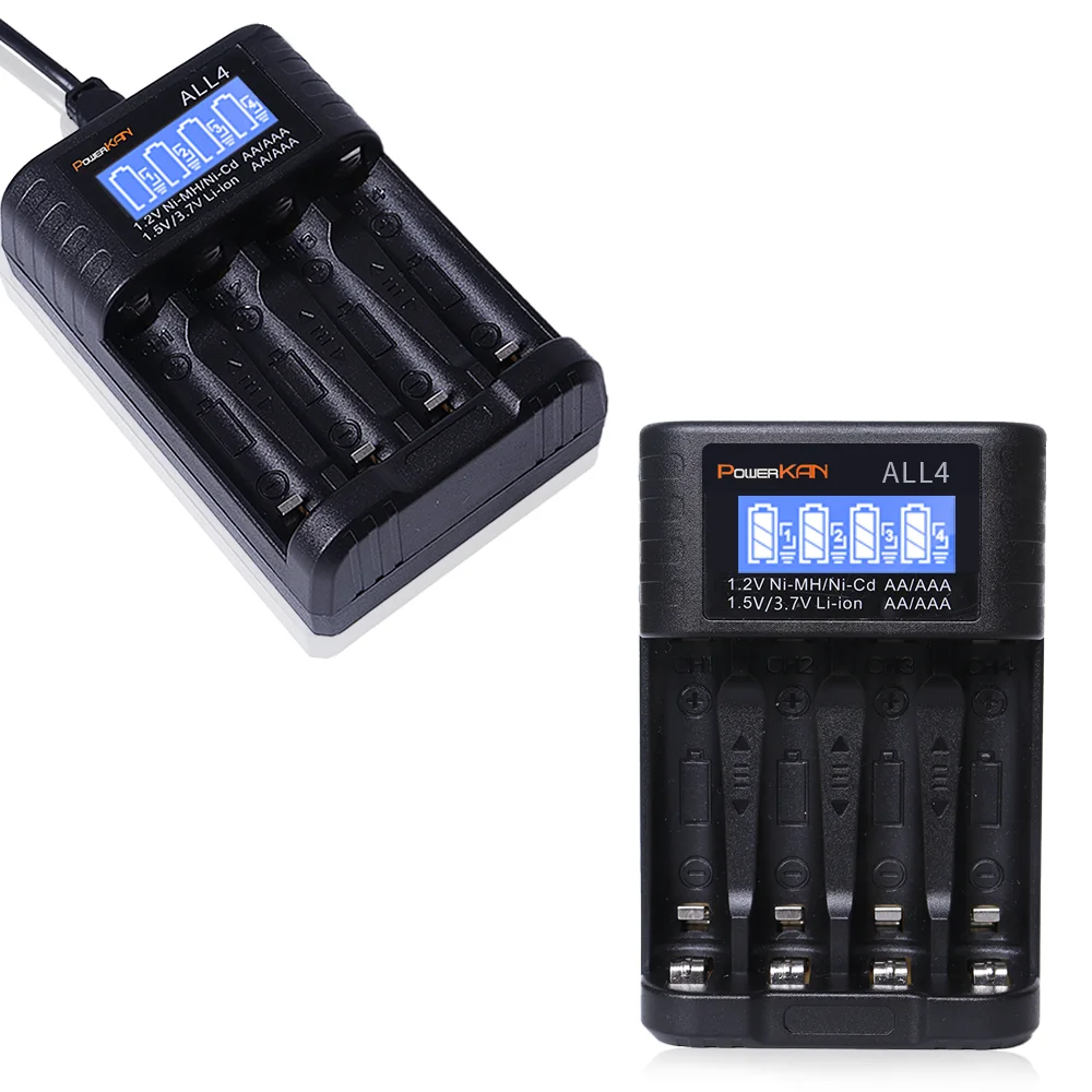 POWERKAN ALL4 AA/AAA 4-slot Small Convenient Battery Charger for 1.2V  Hi-MH& 1.5V/3.7VLi-ion With LCD Screen