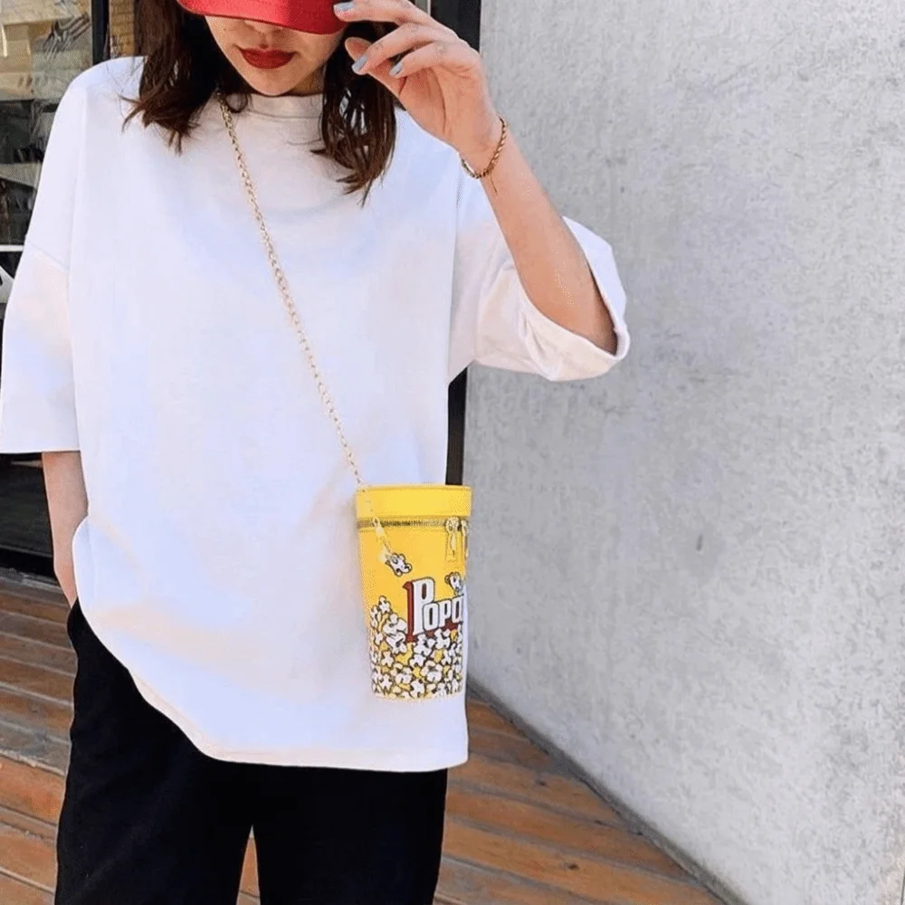 Funny Chain Popcorn Shoulder Bag Korean Style Cylinder Purse Bucket Bag PU Leather Coin Purse Crossbody Bag Ladies