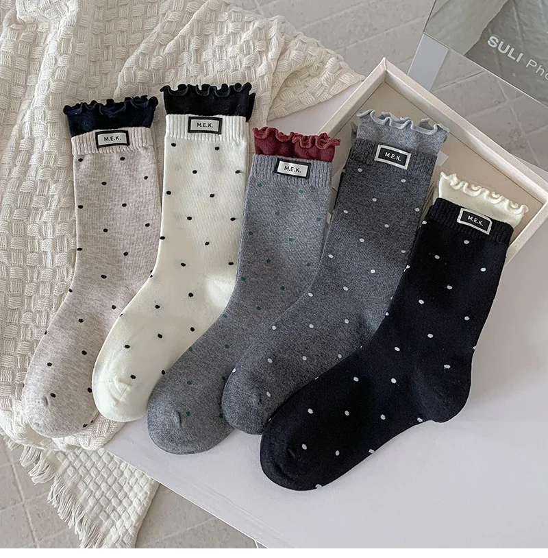 1/3/5Pairs Women New Dots Cute Frilly Breathable Cotton Long Footwear Casual Preppy Fashion Soft Comfy Ladies Daily Gift