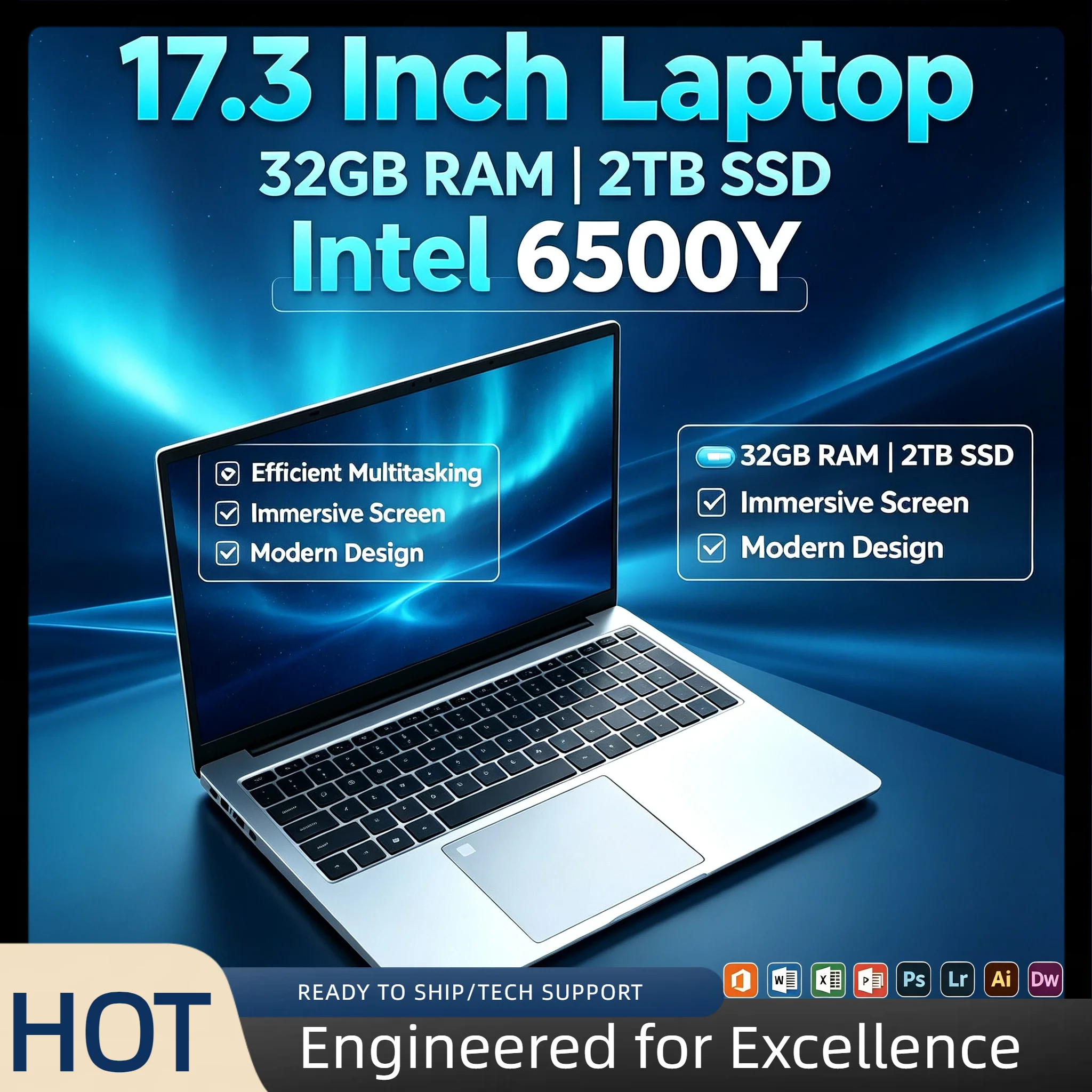 Intel 6500Y 17.3 Inch Full Size Laptop 32GB RAM 2TB SSD Fingerprint Unlock High Performance Work Gaming Notebook Elite