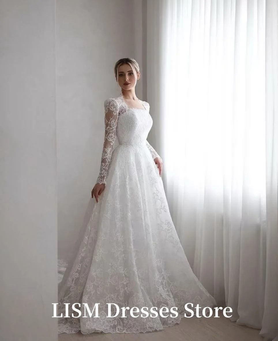 LISM 럭셔리 스퀘어 칼라 실크 레이스 A라인 웨딩 드레스 풀 슬리브 신부 가운 지퍼 백 맞춤형 웨딩 드레스