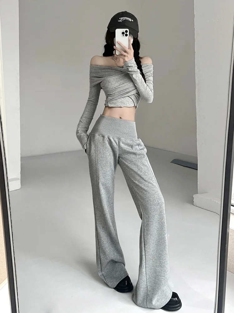 Vielseitige Hose mit hoher Taille und weitem Bein für Damen, Herbst und Winter, gerade, lockere, bodenlange Spor-Jogginghose zum Abnehmen