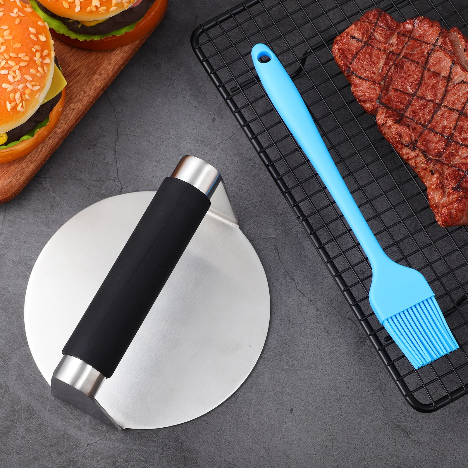 

Stainless Steel Burger Press Round Patty Maker Tool Basting Brush Multi Functional Grill Weight Steak Hamburger Maker Cooking