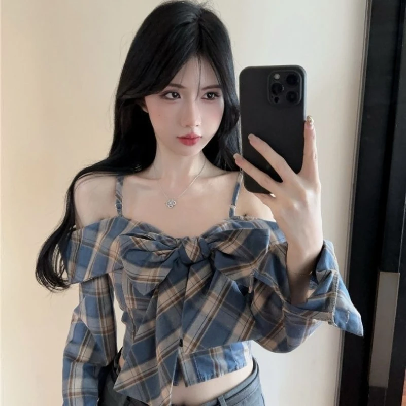 

Модная осенняя блузка в клетку для женщин: с длинным рукавом, на бретельках, с одним открытым плечом, с бантом, шикарный топ