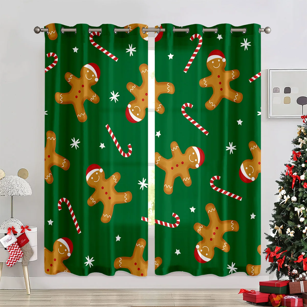 2pcs Santa Claus Snowman Cartoon Printed Curtains Christmas New Year Decoration Window Curtains Polyester Machine Washable