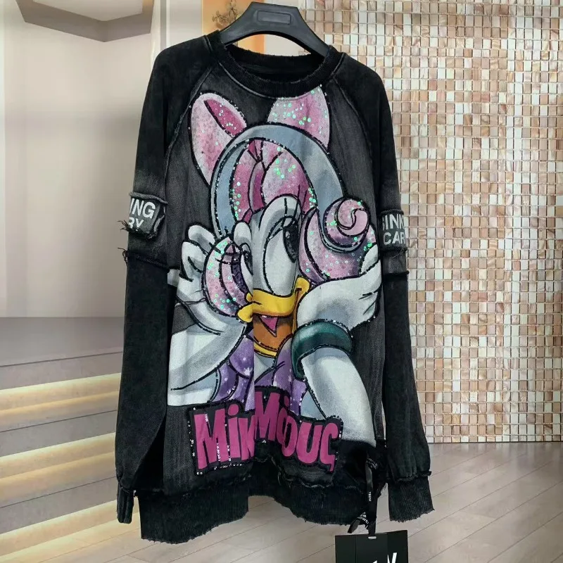 Autumn Winter Beautiful Hoodie Heavy Industry Loose Kawaii Sweatshirts Fashion Washing Cartoon Medium And Long Crew Neck Hoodies