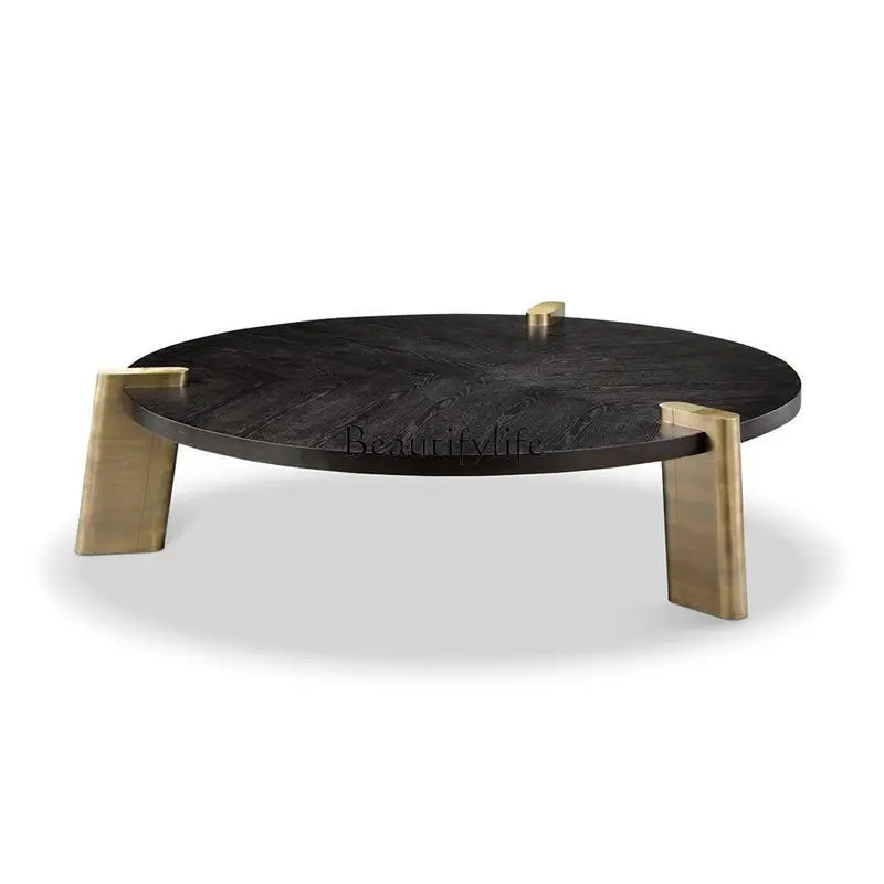 

Italian minimalist light luxury round coffee table stainless steel wood cover table