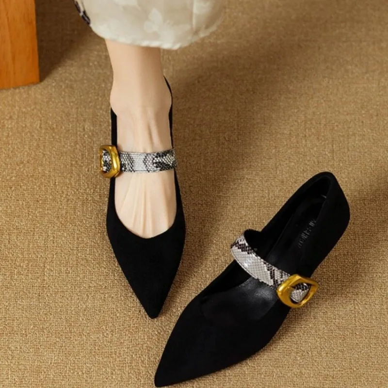 HOT SALE Spring/Autumn Women Shoes Sheep Suede Leather Shoes for Women Pointed Toe Chunky Heel Shoes Metal Buckle Women Pumps