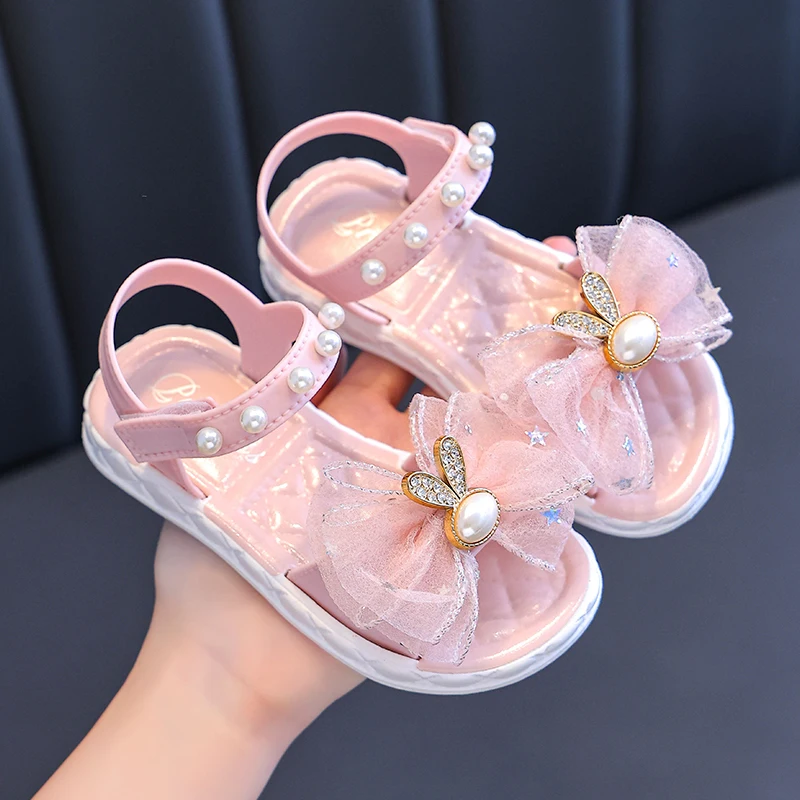 Summer Pretty Bow Beading Decoration Sandals For Aged 1-7 Girls Children Slippers Non-slip Seabeach Flip Flops Home Kids Shoes