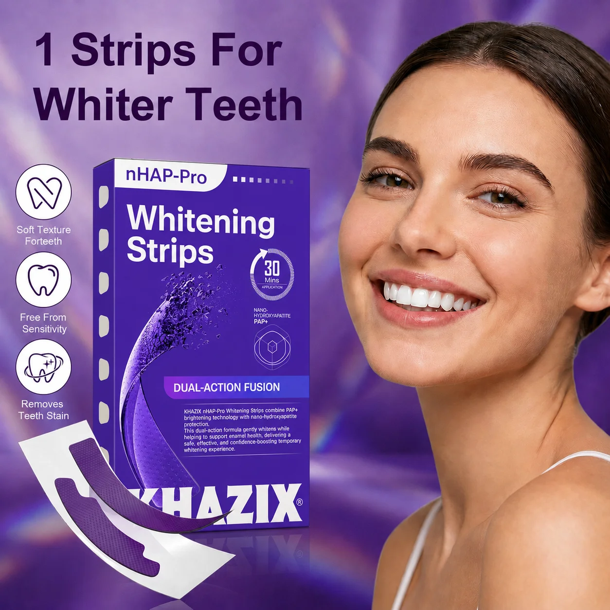 Purple Teeth Whitening Strips 3/7 Pcs, Gentle Enamel Safe Dental Whitening Kit for Stain Care and Bright Smile.