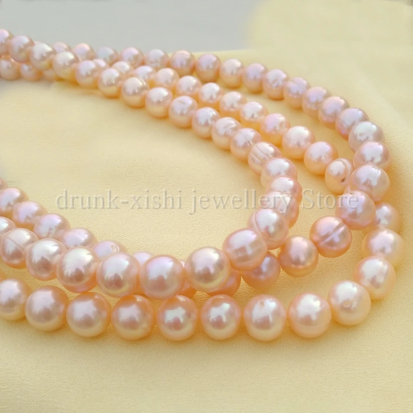 

18-20" 45-50cm, Triple Strand 3 Rows, Gold Pink Round Baroque South Sea Pearl Necklace, Solid 14k Real Gold Clasp, Free Shipping