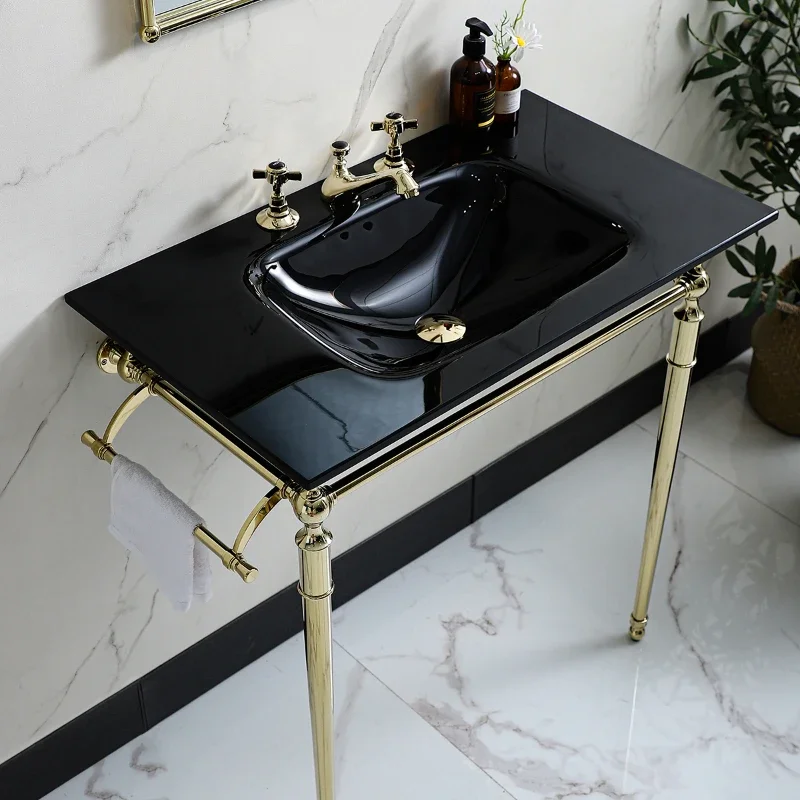 Black glass washbasin with golden copper metal bracket exported to high-end hotels