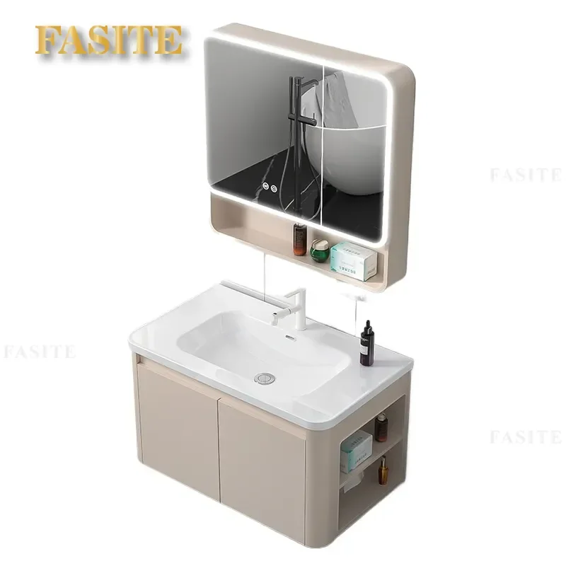 For Bathroom Aluminum Arc Corner Mirror Cabinet Smart Storage Anti-collision Waterproof Space Saving Separate Toilet Vanity