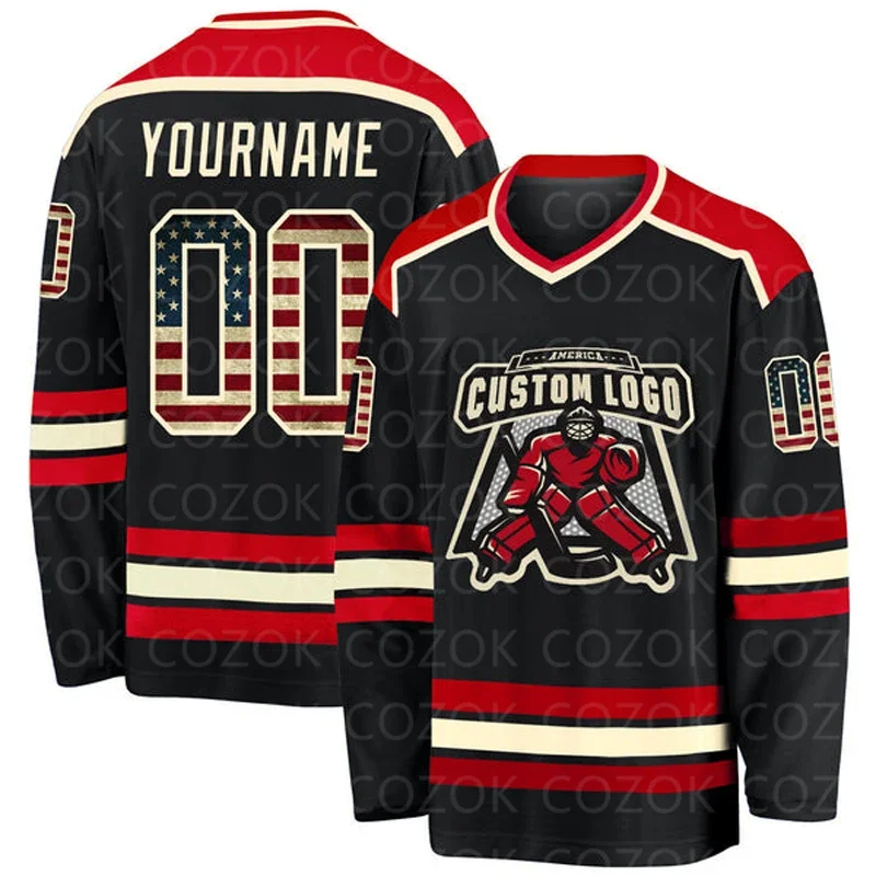 Custom Black Red Vintage Flage Hockey 3D Print You Name Number Men Women Ice Hockey Jersey Competition Training Jerseys