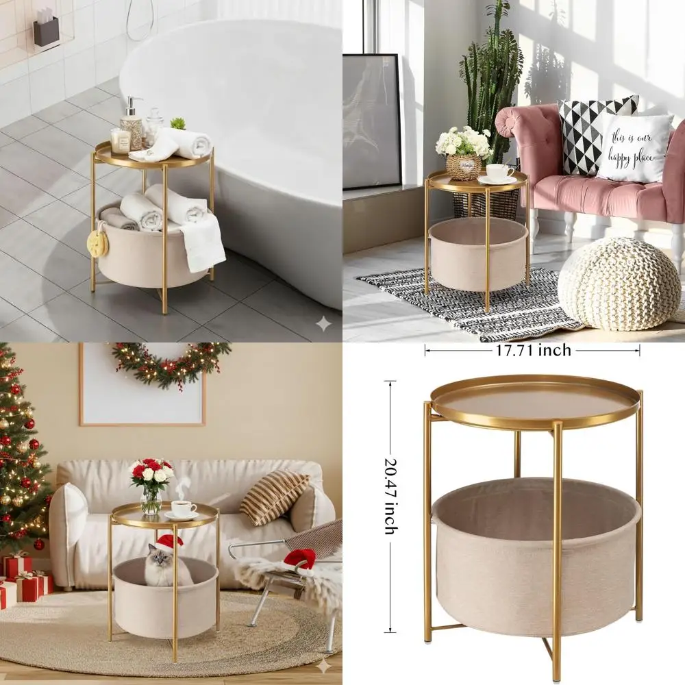 

Set of 2 Gold Metal Side Tables with Fabric Baskets and Removable Tray Tops for Various Rooms